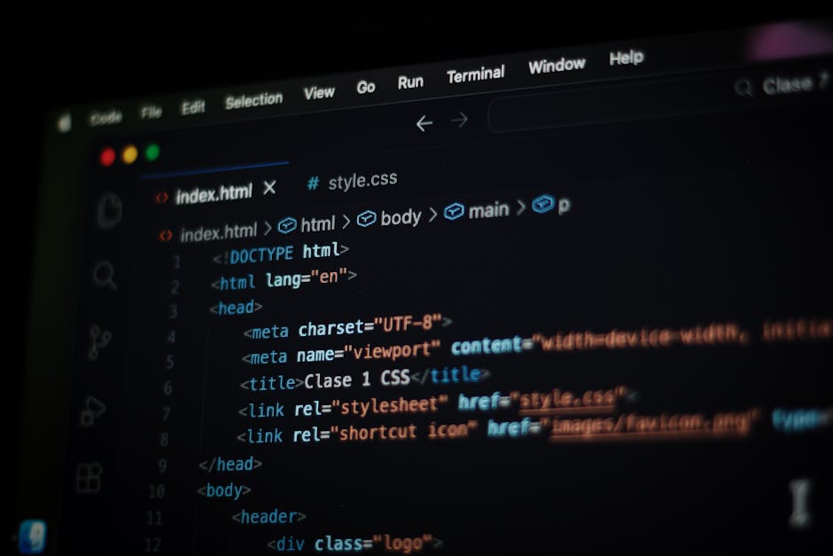 A computer screen displaying a coding environment with an open HTML file named 'index.html'. The code includes standard HTML elements such as '<!DOCTYPE html>', '<html>', '<head>', and '<body>', with 